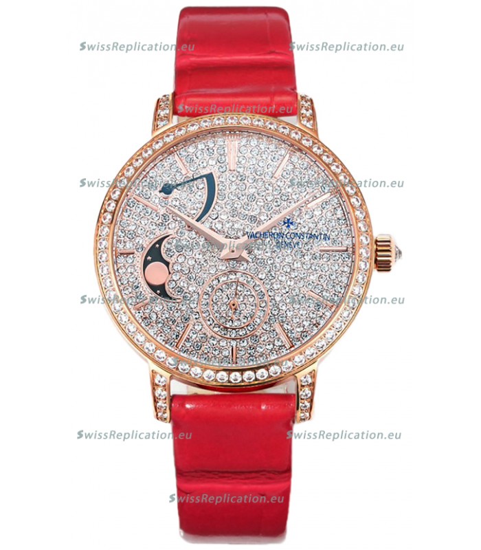 Vacheron Constantin Traditionelle Moon Phase Diamond Paved Dial in Rose Gold Swiss Replica
