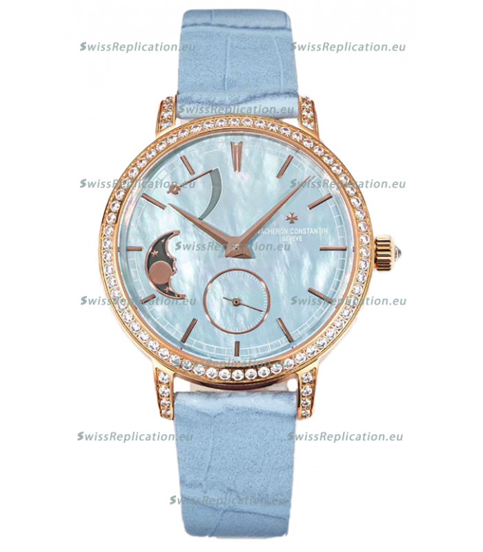 Vacheron Constantin Traditionelle Moon Phase Blue Mother of Pearl Dial in Rose Gold Swiss Replica
