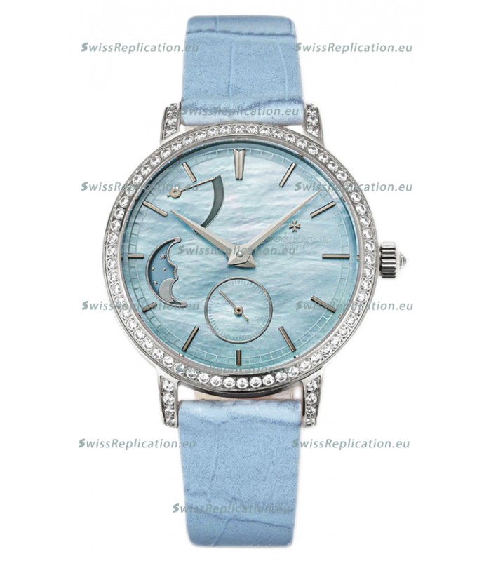 Vacheron Constantin Traditionelle Moon Phase Blue Mother of Pearl Dial in Steel Case Swiss Replica