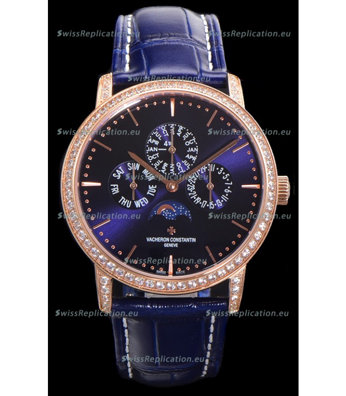 Vacheron Constantin Patrimony Perpetual Calendar Ultra-Thin Rose Gold Blue Dial Swiss Replica