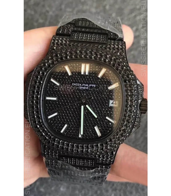 Patek Philippe Nautilus 5711 Black Venom Diamonds PVD Swiss Replica Watch in Black Dial 