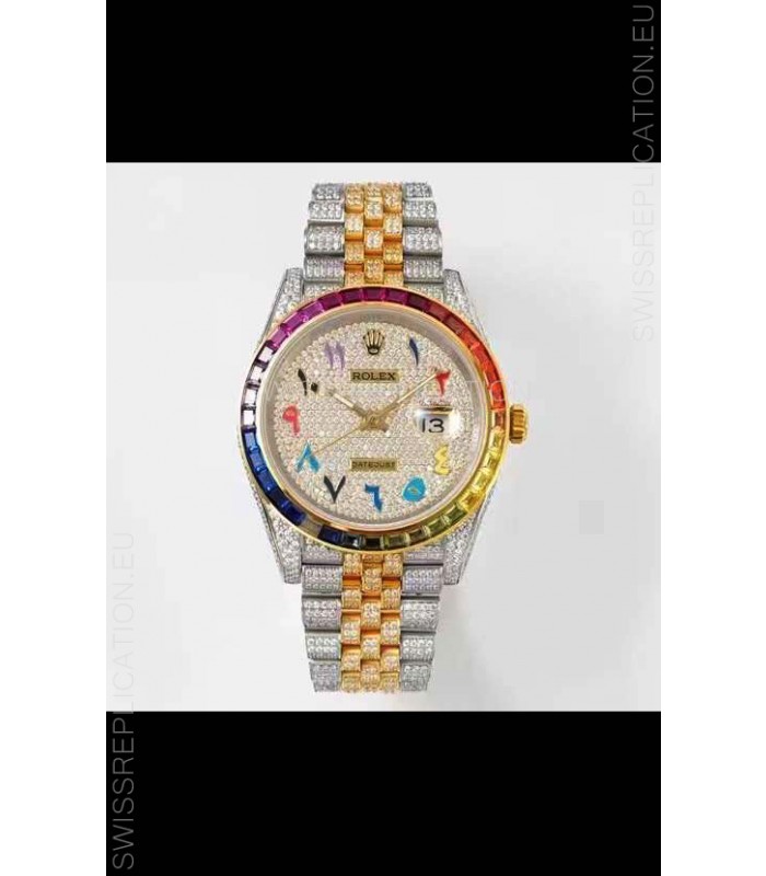Rolex Datejust Full ICED Out Arabic Numerals Watch in 41MM Casing - 3135 Movement Yellow Gold