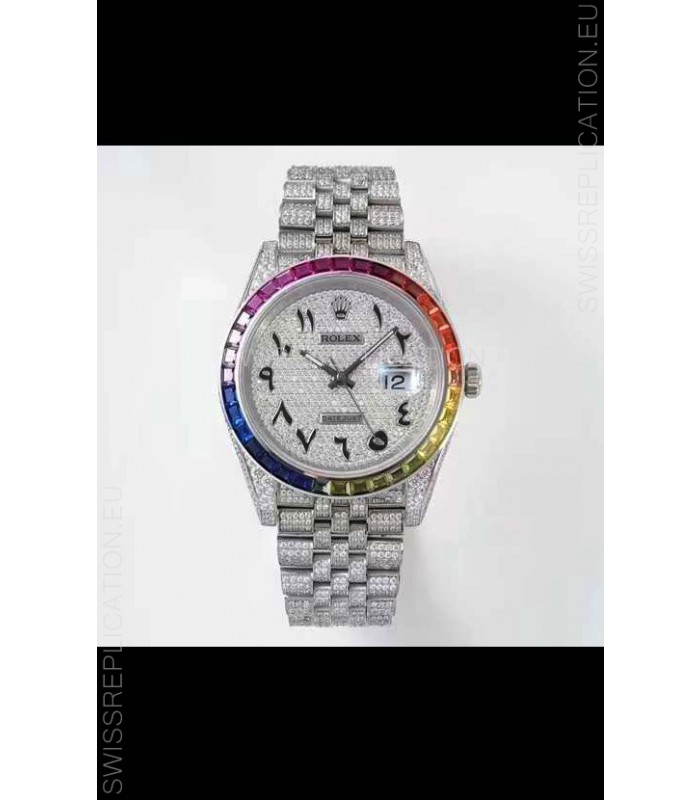 Rolex Datejust Full ICED Out Arabic Numerals Watch in 41MM Casing - 3135 Movement Stainless Steel