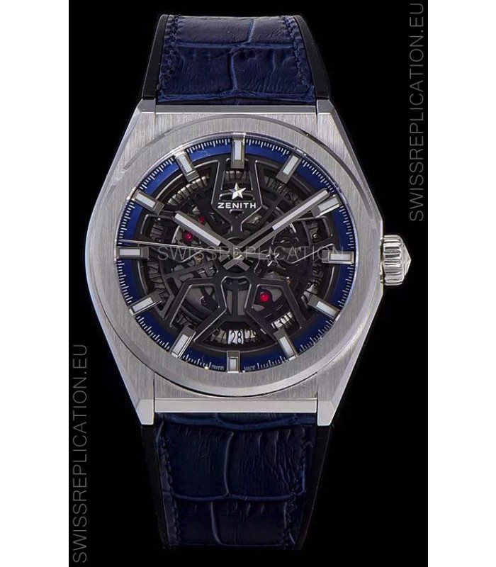 Zenith Defy Classic Skeleton 41 mm Titanium Men's Swiss Replica Watch - Blue Leather Strap