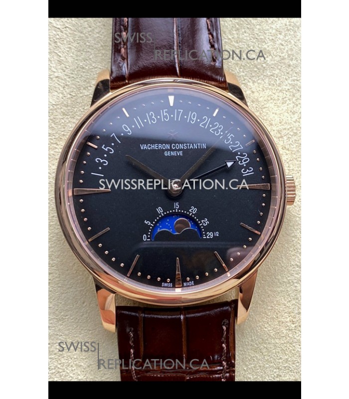 Vacheron Constantin Patrimony Moonphase Rose Gold Black dial Swiss Replica Watch 