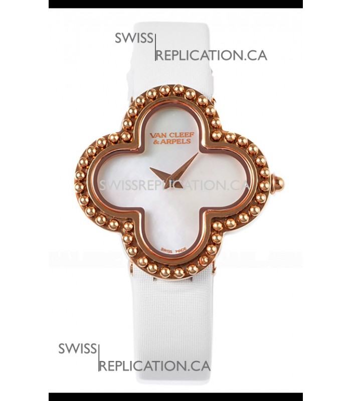Van Cleef & Arpels Alhambra Rose Gold White Strap Watch 