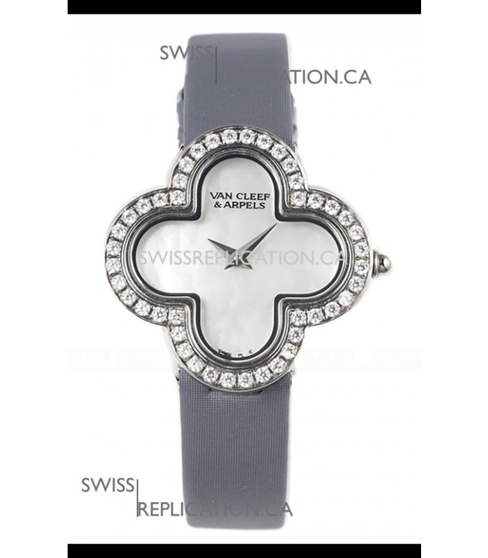 Van Cleef & Arpels Alhambra Stainless Steel Diamonds Bezel Grey Strap Watch 