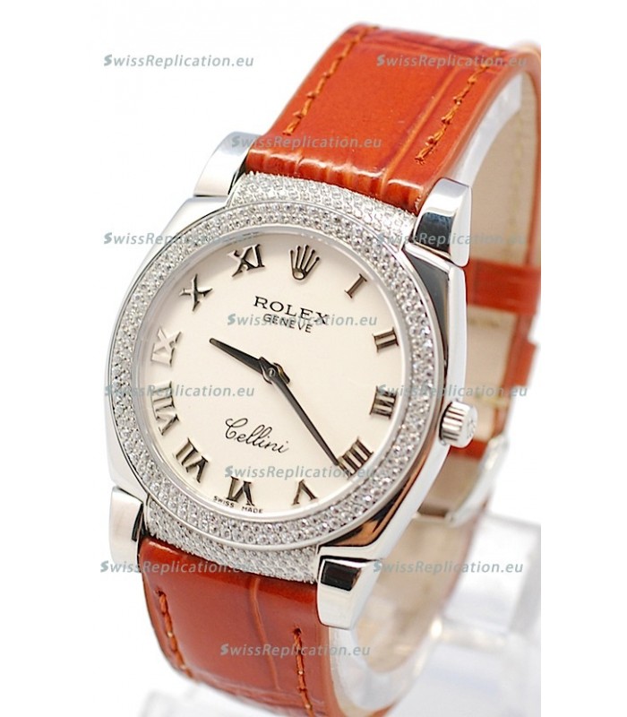 Rolex Cellini Cestello Ladies Swiss Watch Roman White Face Diamonds Bezel and Lugs