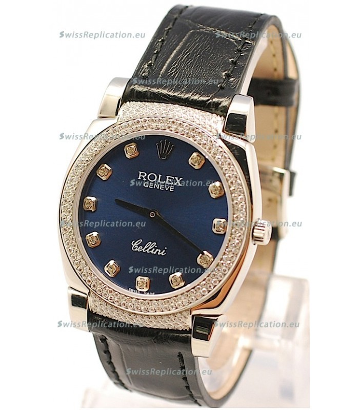 Rolex Cellini Cestello Ladies Swiss Watch in Dark Blue Face Diamonds Bezel and Lugs