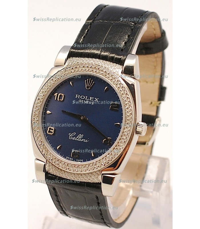 Rolex Cellini Cestello Ladies Swiss Watch in Dark Blue Face Diamonds Bezel and Lugs