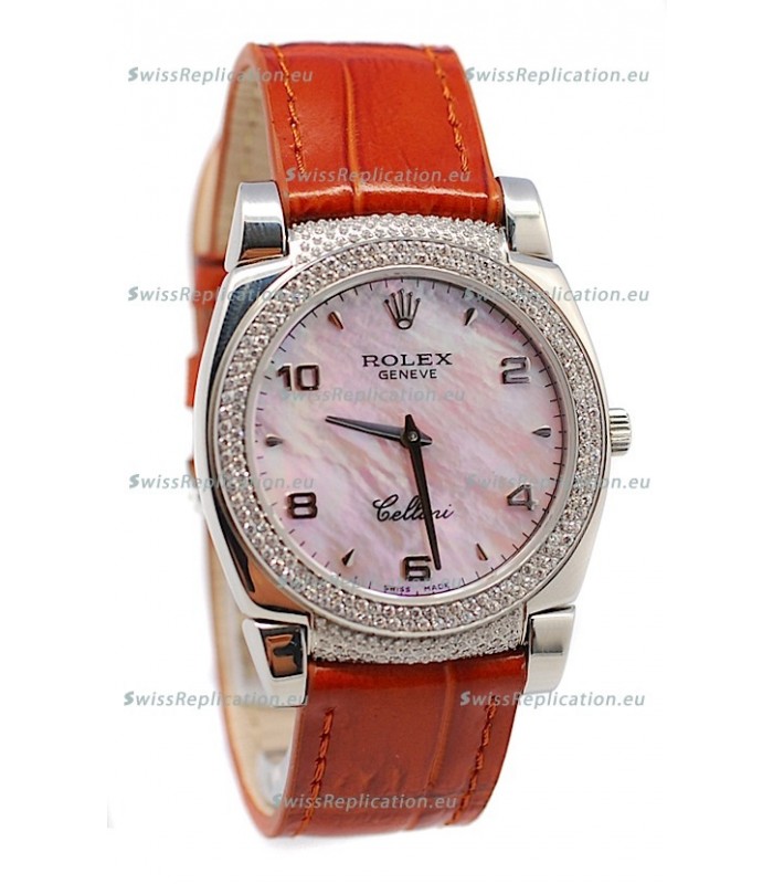 Rolex Cellini Cestello Ladies Swiss Watch Pink Pearl Face Diamonds Bezel and Lugs