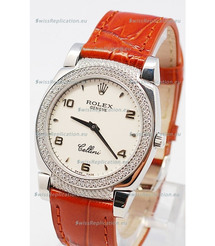 Rolex Cellini Cestello Ladies Swiss Watch in White Face Bezel and Lugs