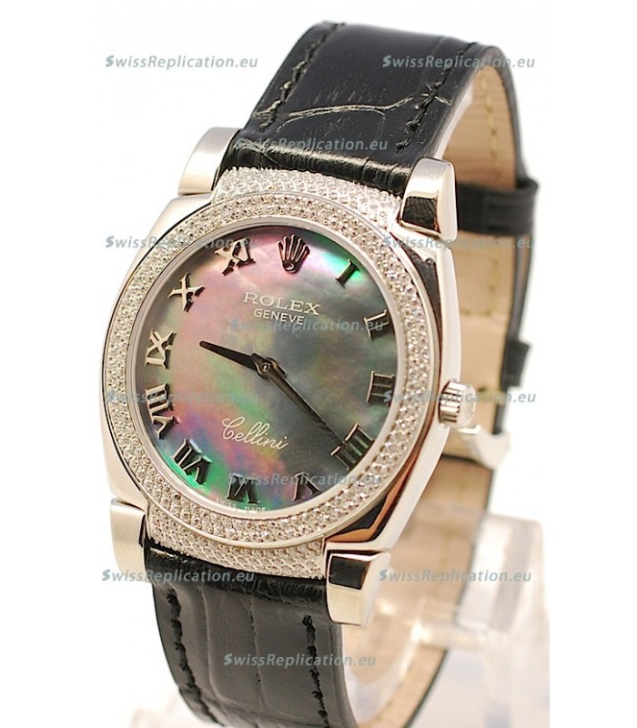 Rolex Cellini Cestello Ladies Swiss Watch in Black Pearl Face Diamonds Bezel and Lugs