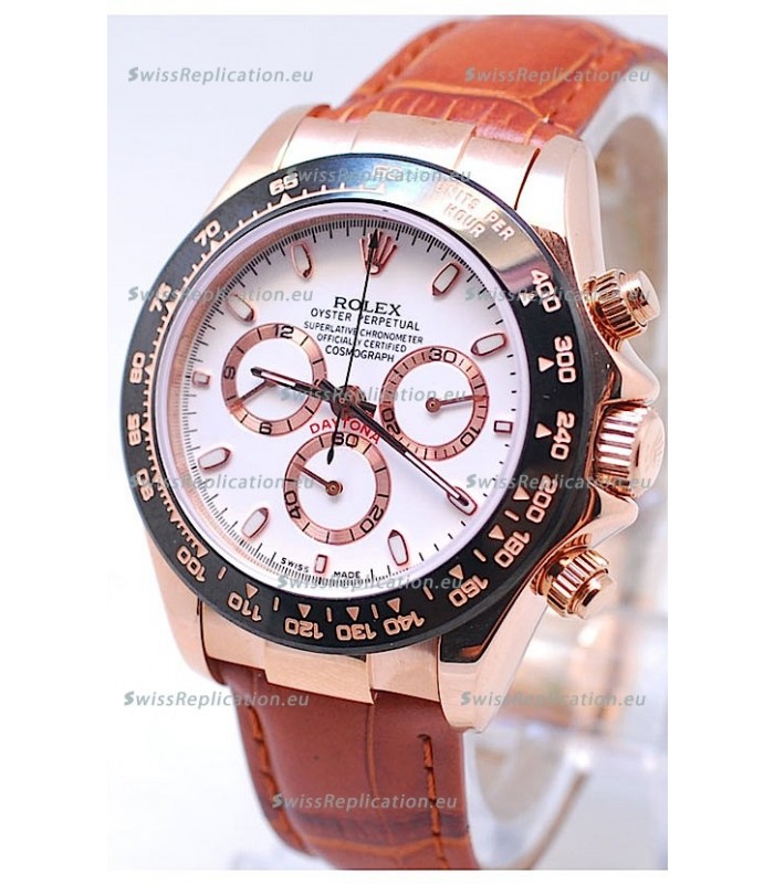 Rolex Daytona MonoBloc Cerachrom Bezel Swiss Replica Rose Gold Plated Watch in Brown Strap