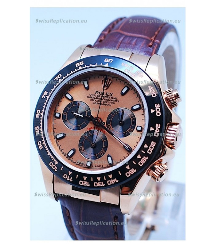 Rolex Daytona Chronograph MonoBloc Cerachrom Bezel Swiss Replica Watch in Rose Gold Plated Dial 