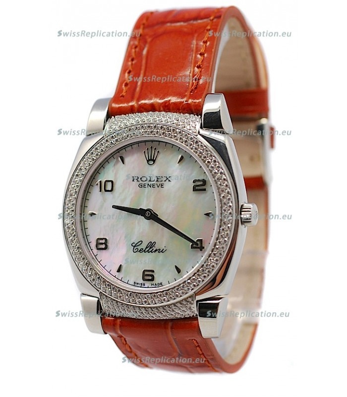 Rolex Cellini Cestello Ladies Swiss Watch Beige Pearl Face Diamonds Bezel and Lugs