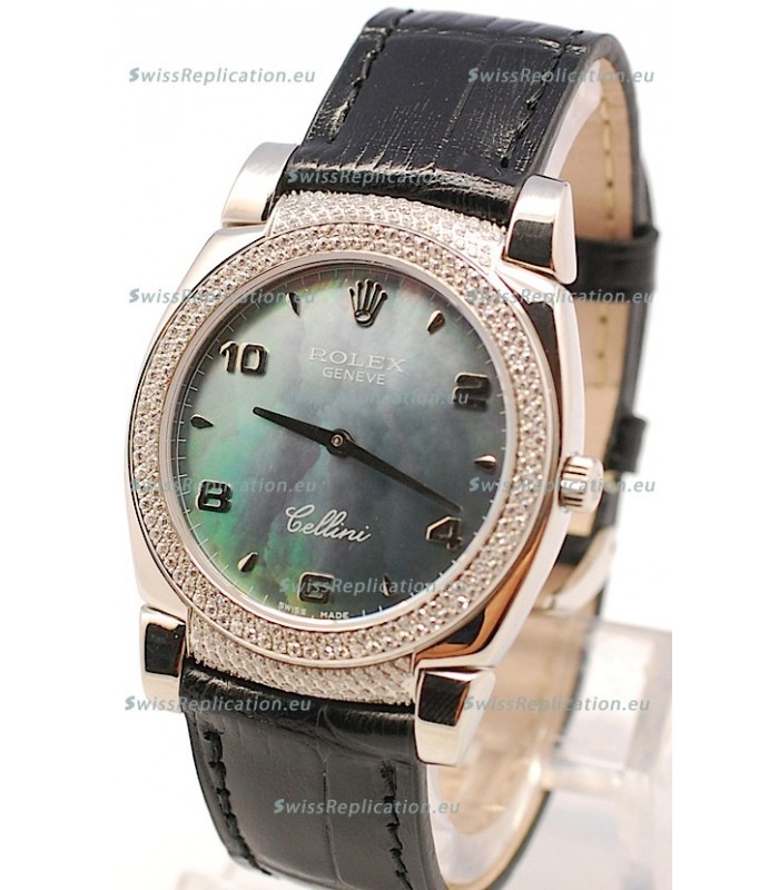 Rolex Cellini Cestello Ladies Swiss Watch in Black Pearl Face Diamonds Bezel and Lugs