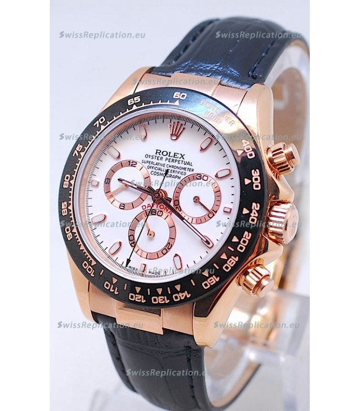 Rolex Daytona MonoBloc Cerachrom Bezel Swiss Replica Rose Gold Plated Watch in White Dial