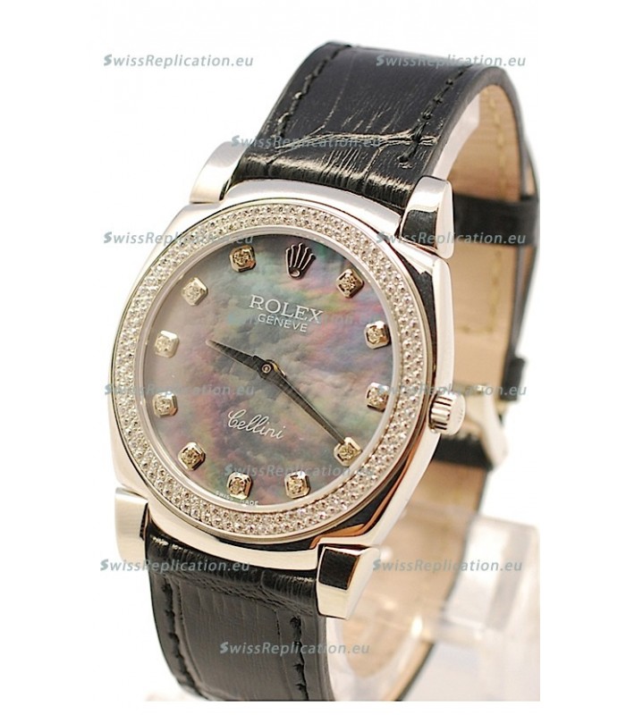 Rolex Cellini Cestello Ladies Swiss Watch in Black Pearl Face Diamonds Markers