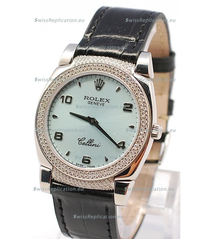 Rolex Cellini Cestello Ladies Swiss Watch in Blue Face Black Leather Strap Diamonds Bezel 