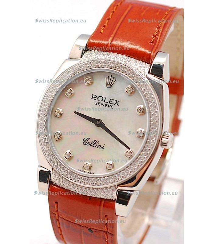 Rolex Cellini Cestello Ladies Swiss Watch in White Pearl Face Diamonds Hour, Bezel and Lugs