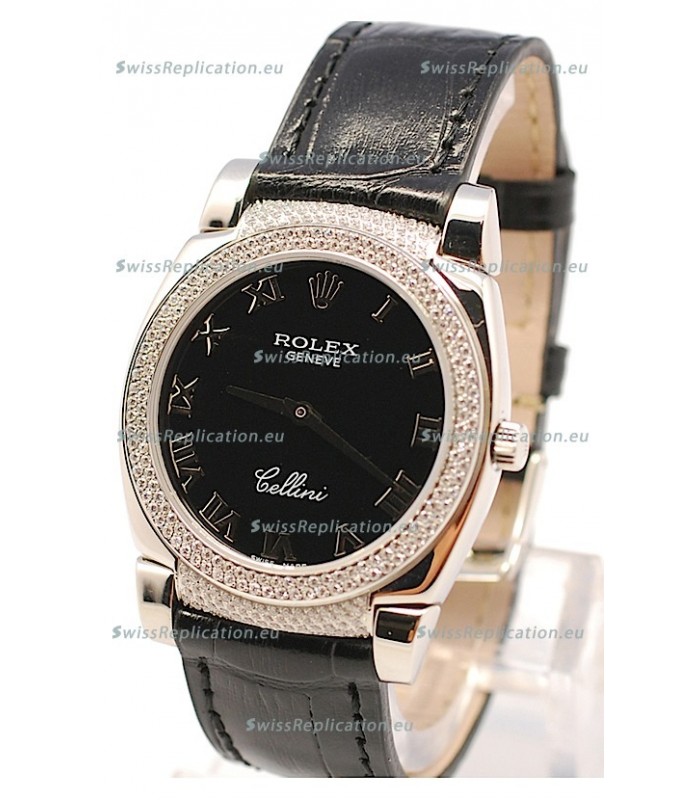 Rolex Cellini Cestello Ladies Swiss Watch in Black Face Roman Markers