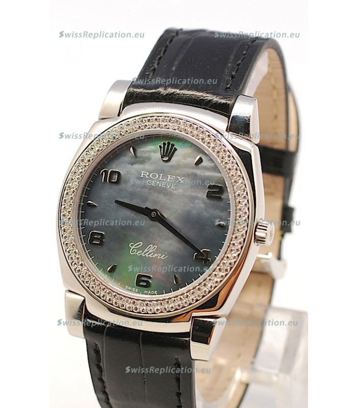 Rolex Cellini Cestello Ladies Swiss Watch in Black Pearl Face Diamonds Bezel 