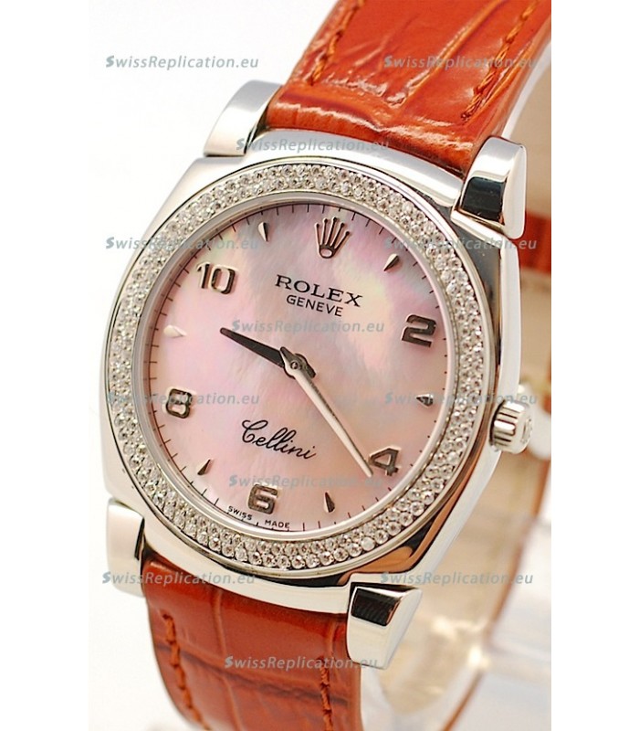 Rolex Cellini Cestello Ladies Swiss Watch in Pink Pearl Face Diamonds Bezel