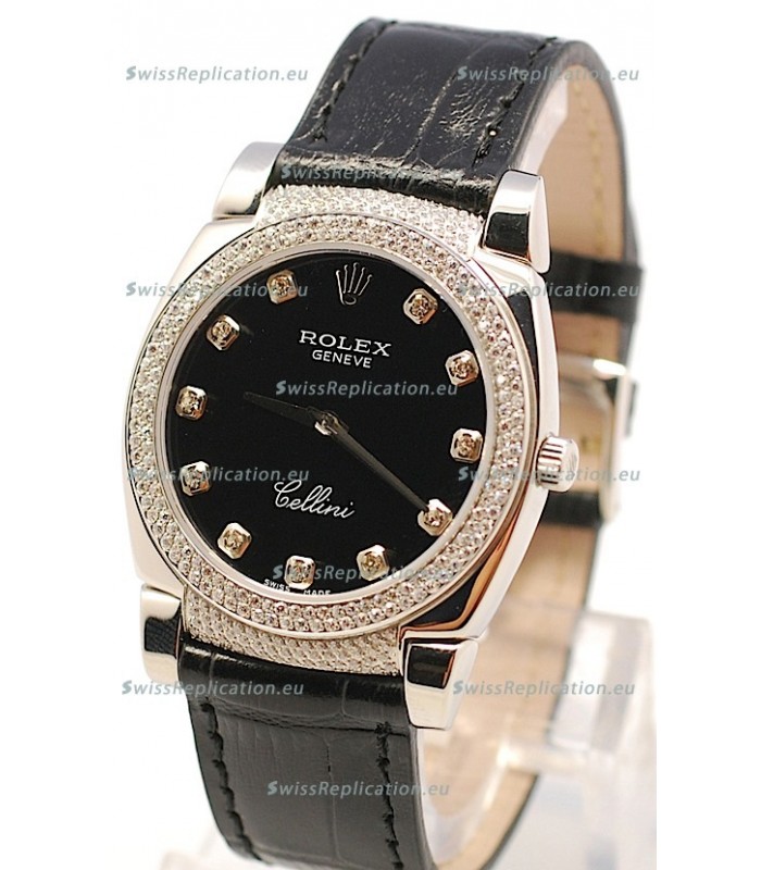 Rolex Cellini Cestello Ladies Swiss Watch in Matte Black Face Diamond Markers