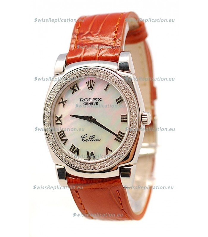 Rolex Cellini Cestello Ladies Swiss Watch White Pearl Roman Diamonds Bezel