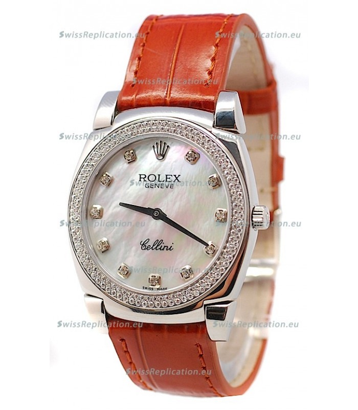 Rolex Cellini Cestello Ladies Swiss Watch in White Pearl Face Diamonds Bezel and Hours Markers