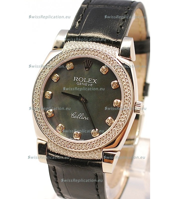 Rolex Cellini Cestello Ladies Swiss Watch in Black Pearl Face Diamonds Markers