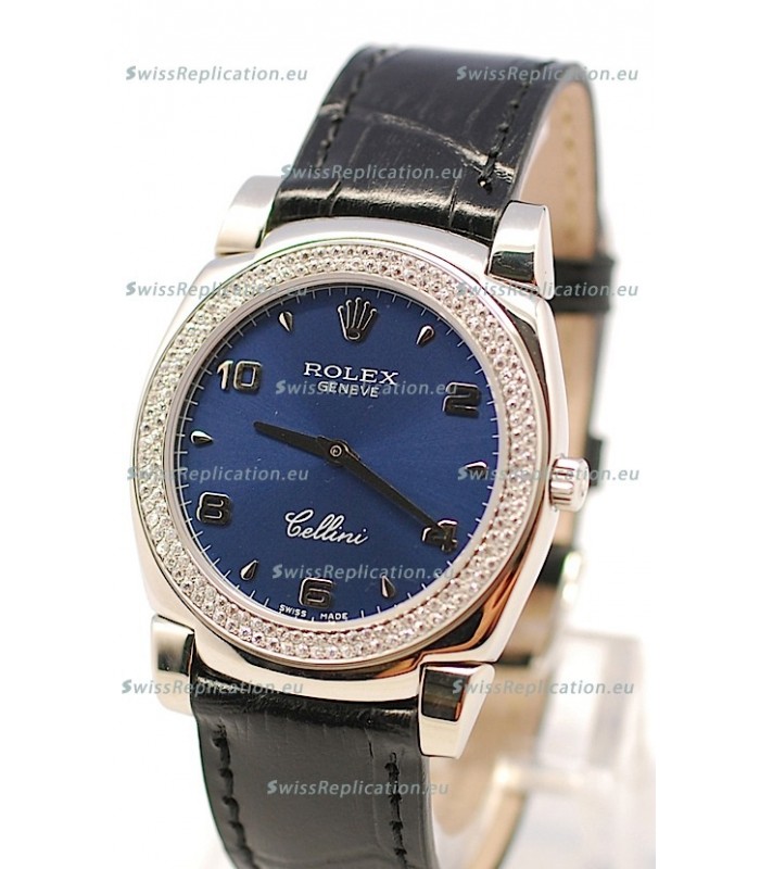 Rolex Cellini Cestello Ladies Swiss Watch in Dark Blue Face Diamonds Bezel 