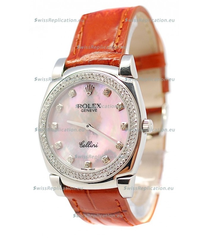 Rolex Cellini Cestello Ladies Swiss Watch Pink Pearl Diamonds Bezel and Hours Markers