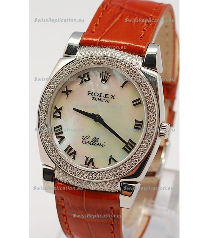 Rolex Cellini Cestello Ladies Swiss Watch in White Pearl Face Diamonds Bezel and Lugs