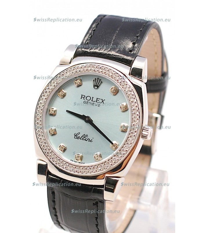 Rolex Cellini Cestello Ladies Swiss Watch in Blue Metalic Face Diamonds Markers