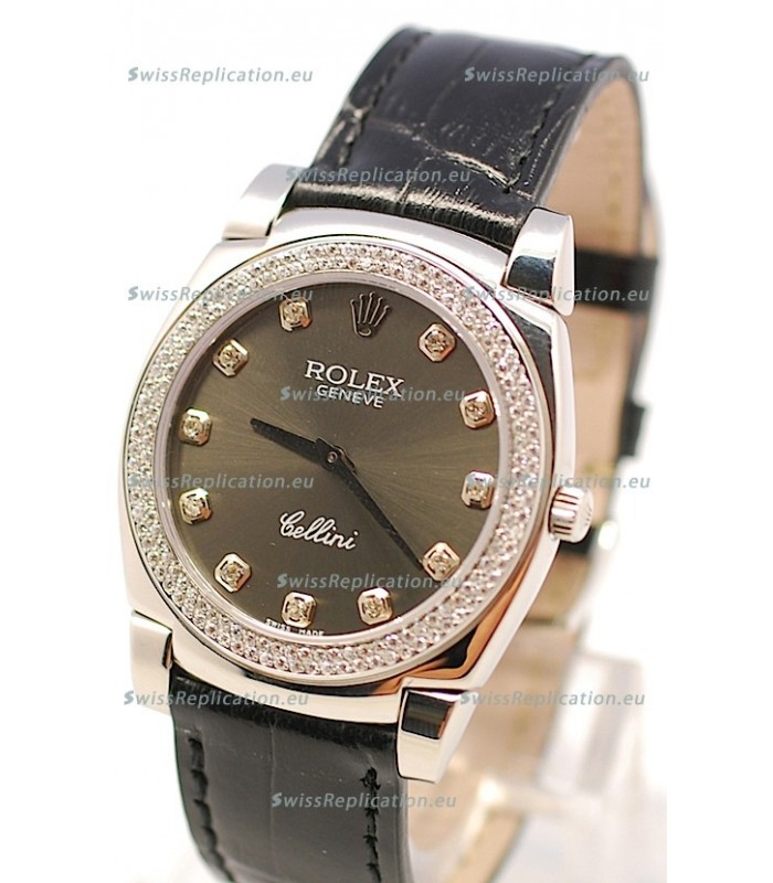 Rolex Cellini Cestello Ladies Swiss Watch in Matte Black Face and Diamond Markers
