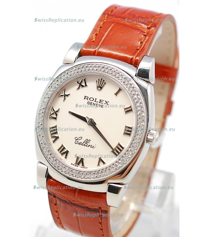 Rolex Cellini Cestello Ladies Swiss Watch White Roman Face Diamonds Bezel