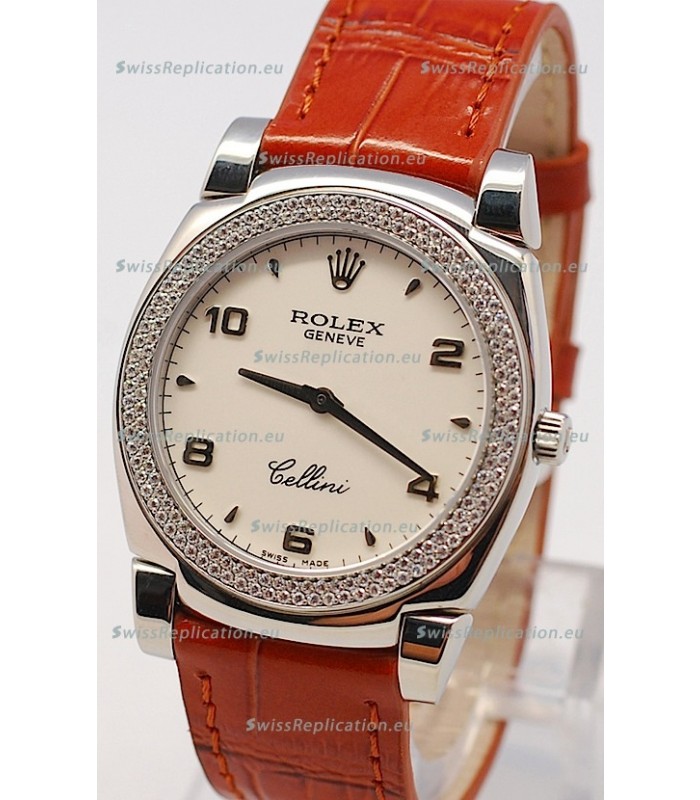 Rolex Cellini Cestello Ladies Swiss Watch in White Face Diamonds Bezel
