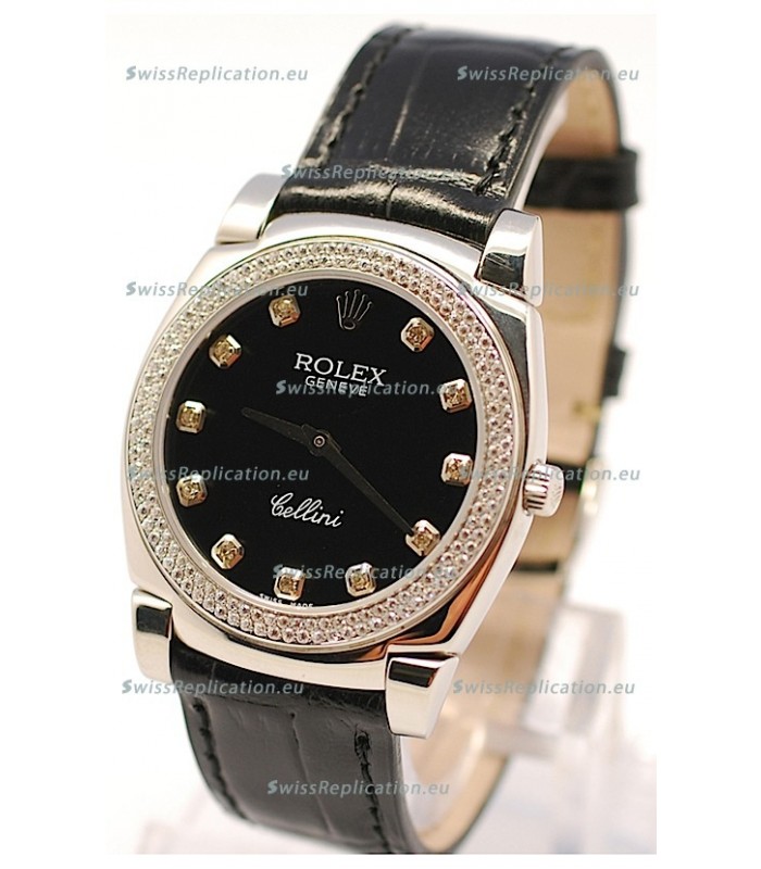 Rolex Cellini Cestello Ladies Swiss Watch in Black Face and Diamond Markers