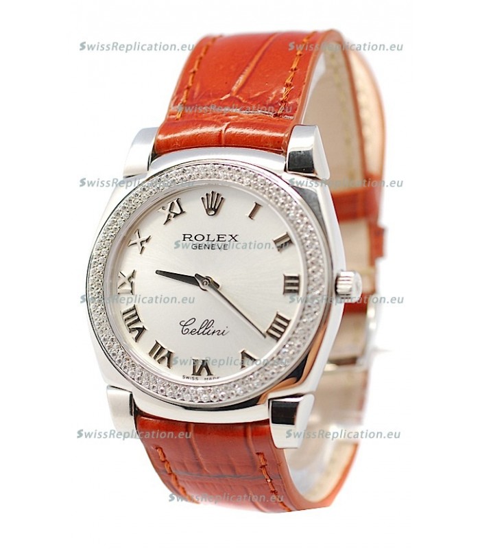 Rolex Cellini Cestello Ladies Swiss Watch Roman Silver Face Diamonds Bezel