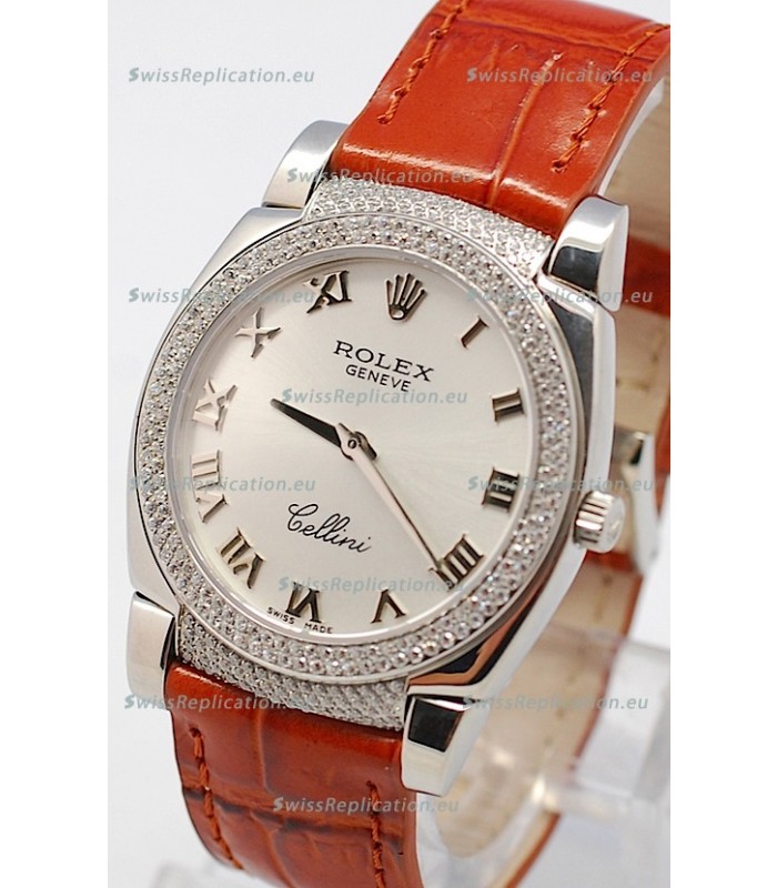 Rolex Cellini Cestello Ladies Swiss Watch in Silver Face Diamonds Bezel and Lugs