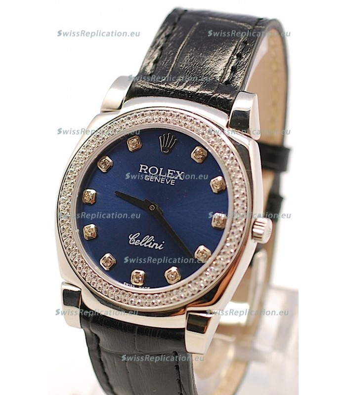 Rolex Cellini Cestello Ladies Swiss Watch in Dark Blue Face and Diamond Bezel