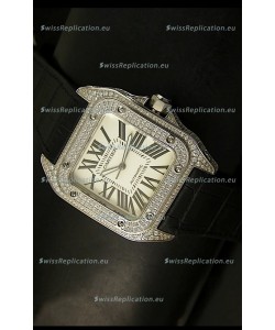 Cartier Santos 100 1:1 Mirror Replica Steel Diamonds Watch Mens Size 42MM