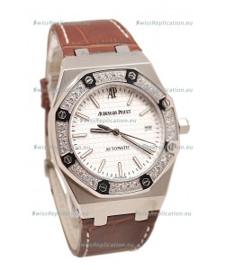Audemars Piguet Royal Oak Steel Swiss Watch in Brown Leather Strap