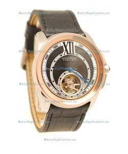 Calibre de Cartier Flying Tourbillon Japanese Replica Rose Gold Watch in Black Dial