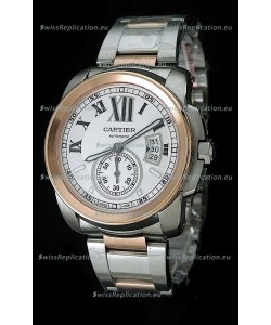 Cartier Calibre de Japanese Replica Rose Gold Watch in White Dial