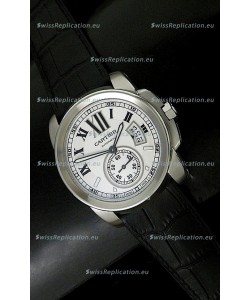 Cartier Calibre de Japanese Replica Steel Watch in Black Leather Strap