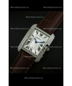 Cartier Louis Japanese Replica Ladies Diamond Watch in Brown Strap