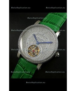 Cartier Ronde de Tourbillon Japanese Replica Diamond Watch in Green Strap